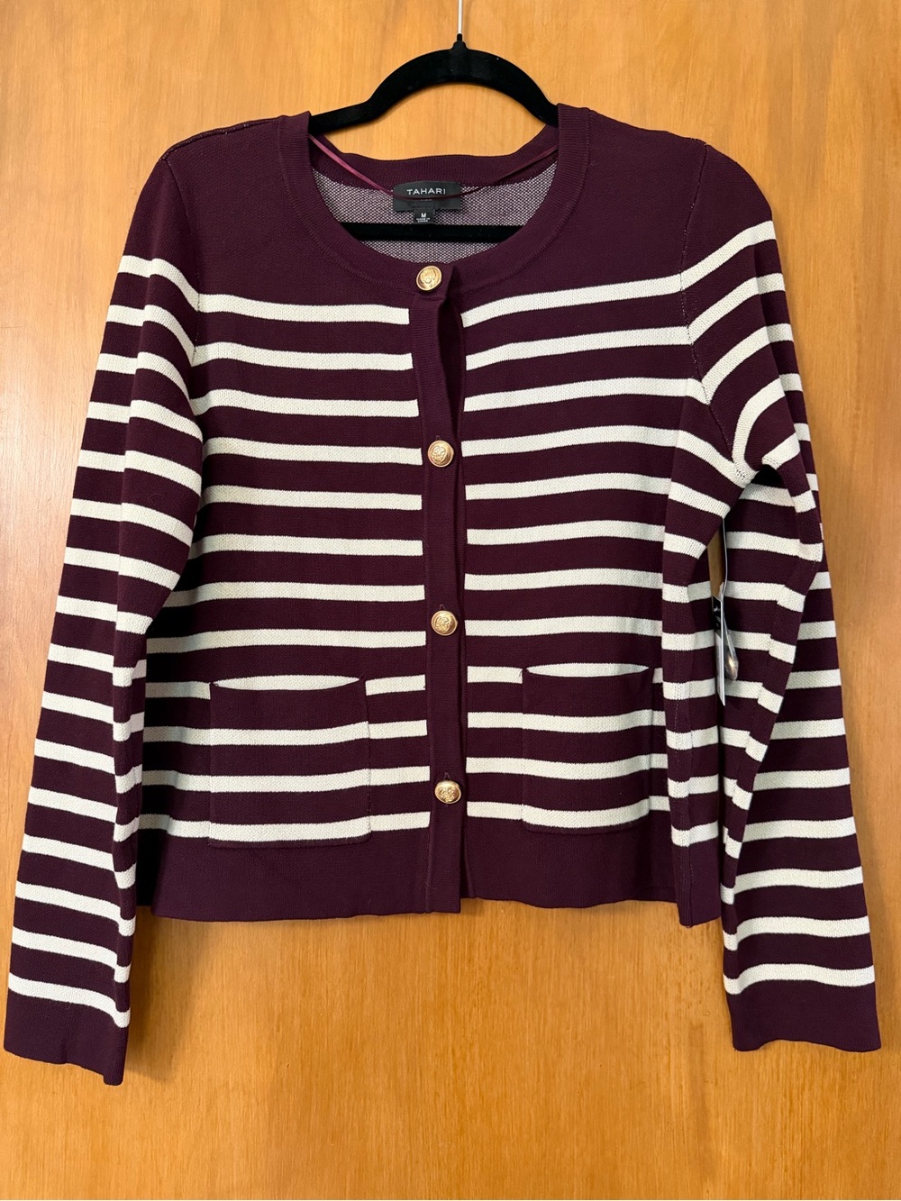 Tahari Burgundy and Cream Striped Button-Front Cardigan